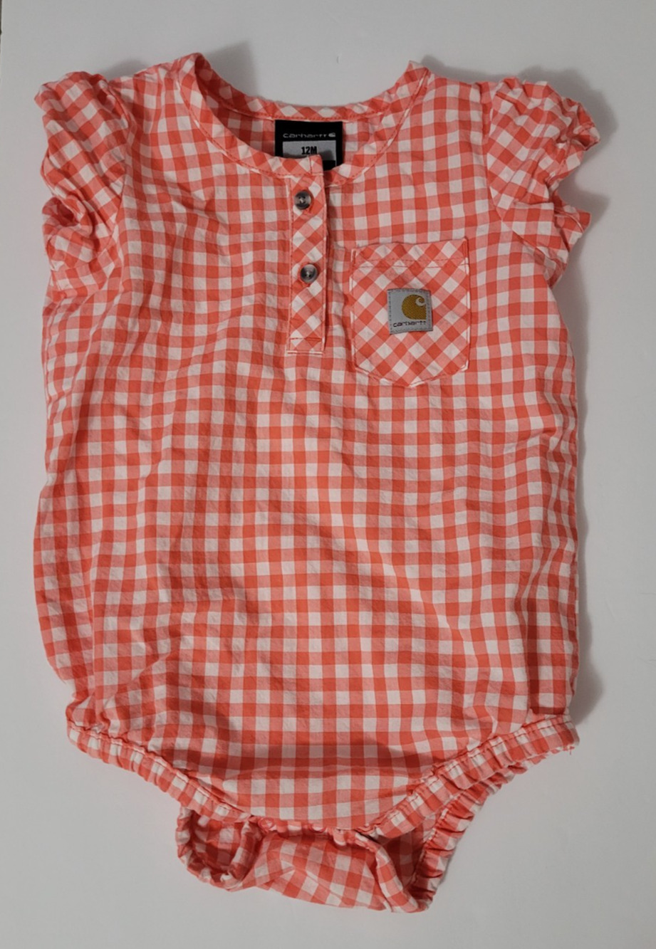 Carhartt Baby Girls 12M Orange White Gingham Ruffle Sleeve Cotton Romper Pocket